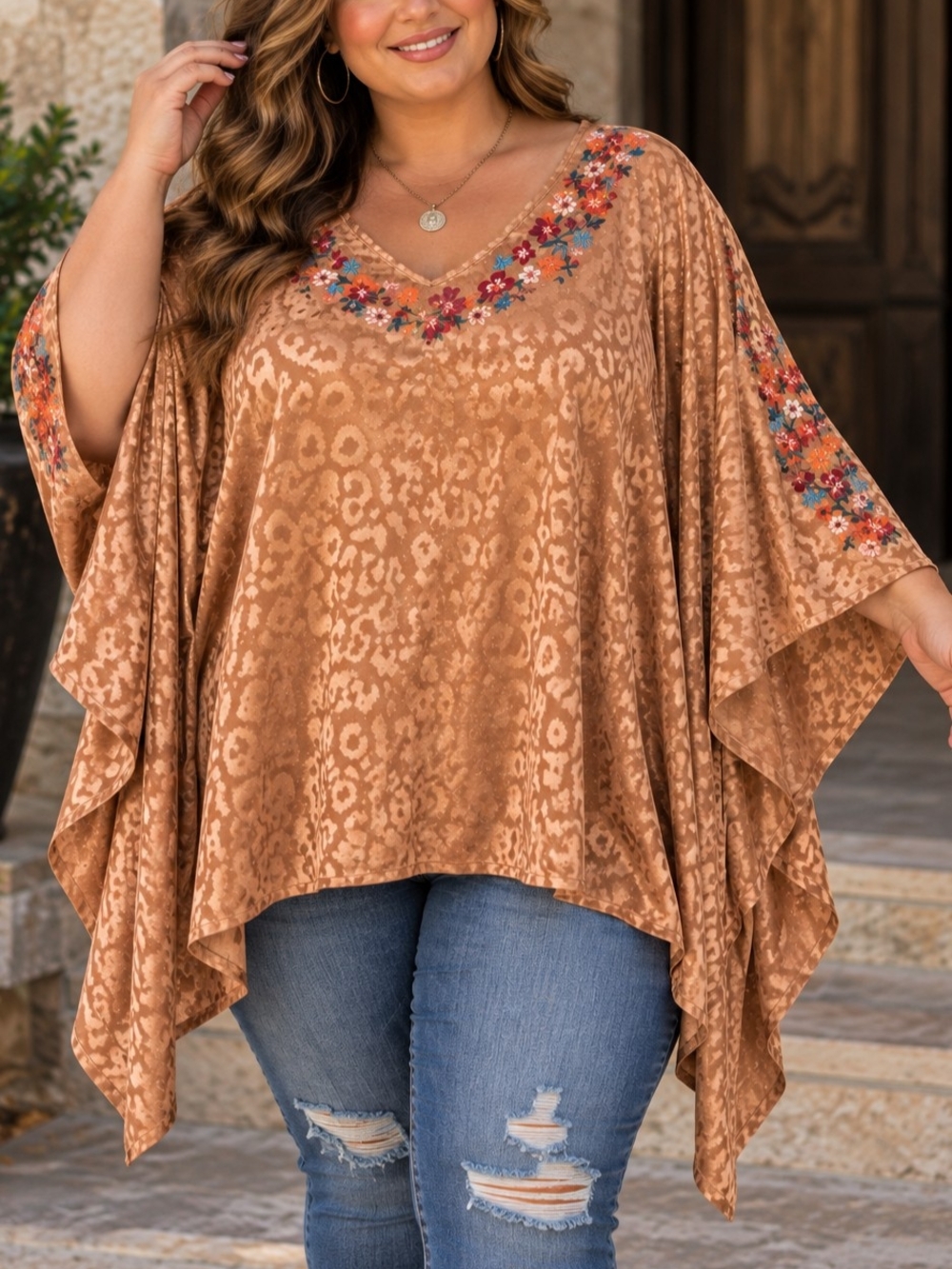 ODDY Camel Floral-Embroidered V-Neck Poncho